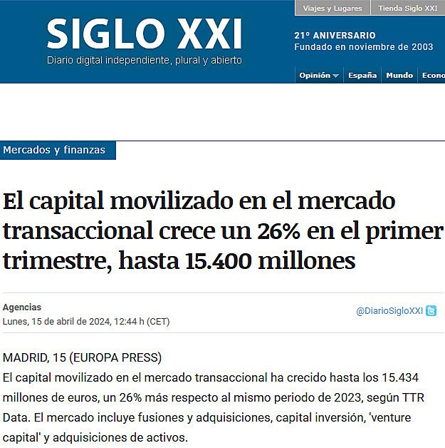 El capital movilizado en el mercado transaccional crece un 26% en el primer trimestre, hasta 15.400 millones